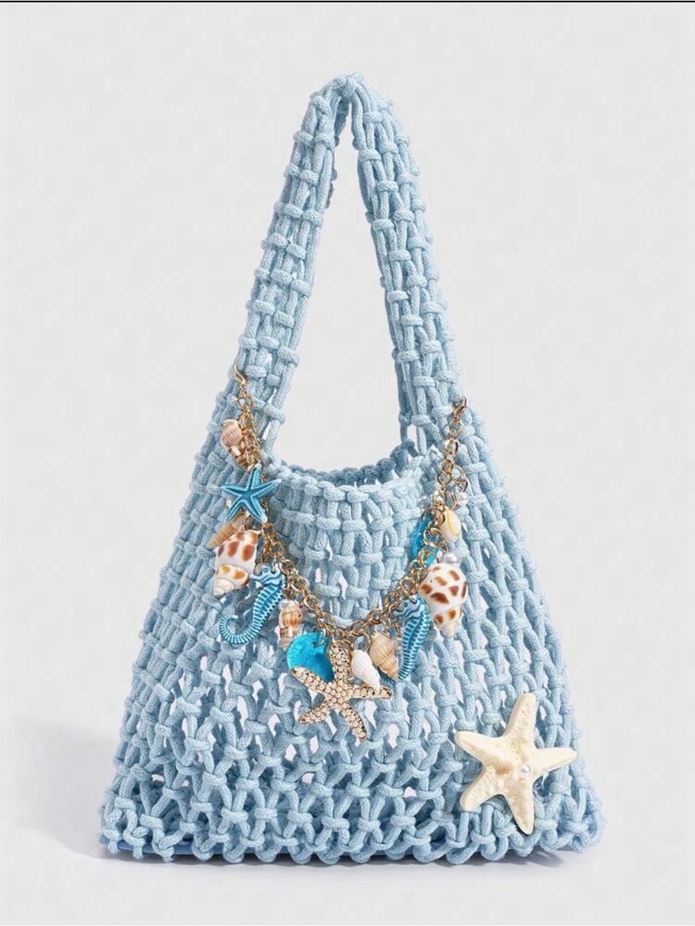 Mini Handwoven Light Blue Crochet Tote with Shell Charms